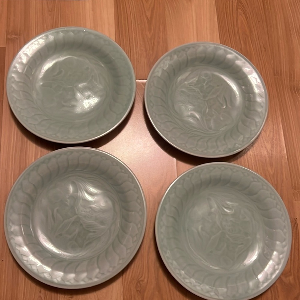 Set 4 Vintage Longquan CELADON GOLDFISH Koi Fish Salad Plates 8”